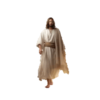 jesus is wearing a white robe with a brown belt around his waist