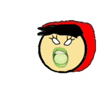 a cartoon drawing of a person with green lips and a red hood