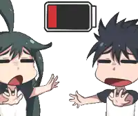 a cartoon of a boy and a girl standing next to each other with a low battery behind them