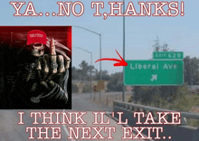 a picture of a grim reaper giving the middle finger next to a liberal ave sign