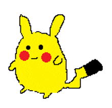 a pixel art drawing of a yellow pikachu with red cheeks and a black tail