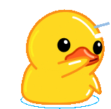 a yellow rubber duck with a stick in its eye is sitting on a white background .