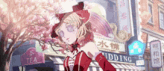 a girl in a red dress is standing in front of a tea store