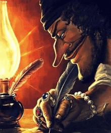 a cartoon drawing of a man writing with a feather pen
