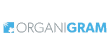 a blue and white logo for organigram with a canadian maple leaf