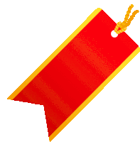 a red tag with a yellow ribbon hanging on a string