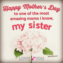 a mother 's day card that says happy mother 's day to one of the most amazing moms i know my sister