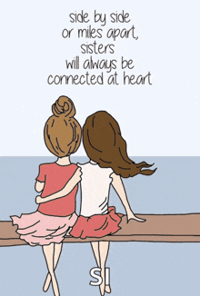 a drawing of two girls sitting on a dock with the words side by side or miles apart