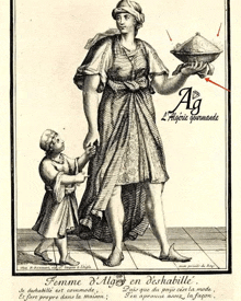 a black and white drawing of a woman holding a bowl with ag l' algerie gourmande written on the bottom