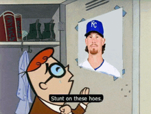 a cartoon of dexter looking at a kc baseball player