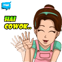 a cartoon of a girl waving with the words hai cowok below her