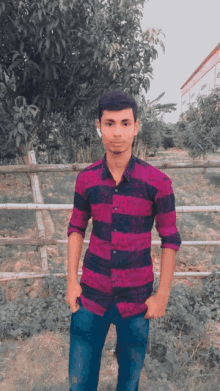 a young man wearing a purple and black striped shirt stands in front of a wooden fence