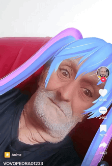 a man with a beard is wearing a blue wig with the name vovopetra01233 on the bottom right