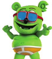 a green gummy bear wearing sunglasses and a diaper