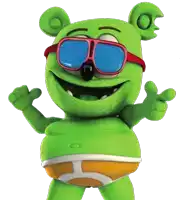 a green gummy bear wearing sunglasses and a diaper