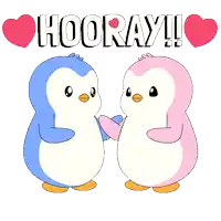 a couple of penguins standing next to each other with the words " hooray !!! " above them