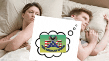 a man and a woman are laying in bed with a thought bubble that says " free american gaming "