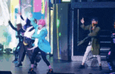 a group of people are dancing on a stage and one of them is wearing a blue dress