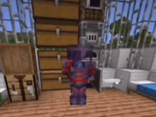 a person in a purple armor is standing in a room in a video game .