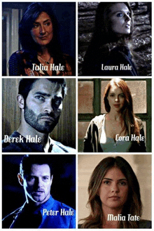 a collage of people with the names of talia hale derek hale cora hale peter hale and malia tate