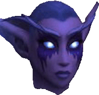 a close up of a purple elf 's face with glowing eyes .