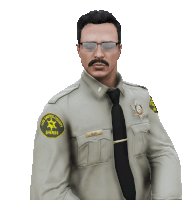 a los santos county sheriff wearing glasses and a name tag