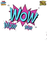 a cartoon character is standing in front of a speech bubble that reads wow