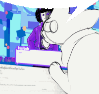 a cartoon drawing of a cat looking at a screen that says twitch on it