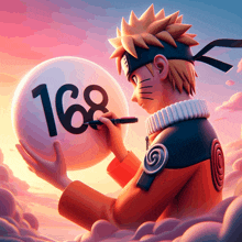 a cartoon character is writing on a ball with the number 168 on it