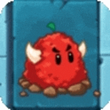 a red cartoon character with horns and a green stem is sitting on a blue block .