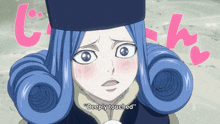 a girl with blue hair says " deeply touched " in a cartoon