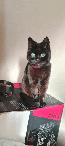 a black cat is sitting on top of a box that says ldm-450 on it