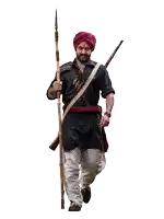 a man in a turban is holding a spear and a gun