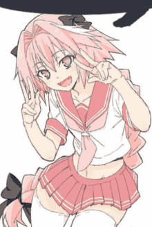 a girl with pink hair is giving the peace sign