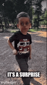 a little boy in a black shirt is standing on a dirt road and says it 's a surprise .