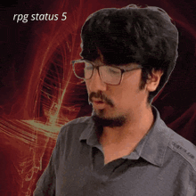 a man with glasses and a beard is standing in front of a red background with the words rpg status 5 on it