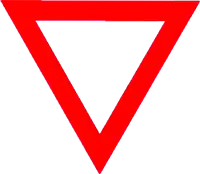 a red triangle on a white background with a black border