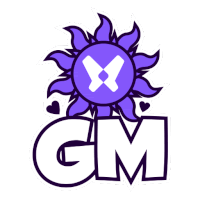 a gm logo with a purple sun and a white x