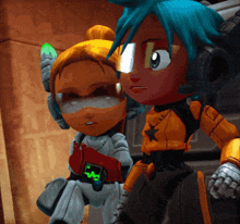 a cartoon character with blue hair is standing next to another cartoon character