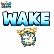 a lucas and friends logo with an alarm clock in front of it