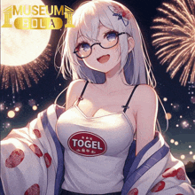 a girl with glasses and a tank top that says togel