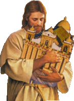 a painting of jesus holding a model of a building with the word nahlala on it