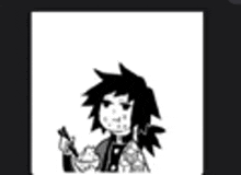 a black and white drawing of a boy with long hair holding a cell phone .