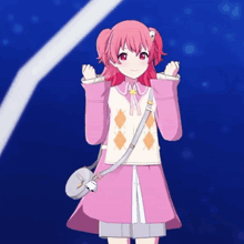 a girl with pink hair and red eyes is standing in front of a blue sky