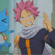 a man with pink hair is standing next to a happy cat