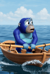 a blue gorilla is rowing a boat in the water