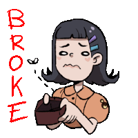 a cartoon drawing of a girl holding an empty wallet with the word broke written below her