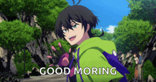 a cartoon character says good moring in front of a mountain