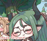 a cartoon drawing of a girl with horns and glasses with the words cheek to start below her