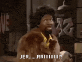a man in a fur coat is making a funny face and says ' j.r. ' on the bottom